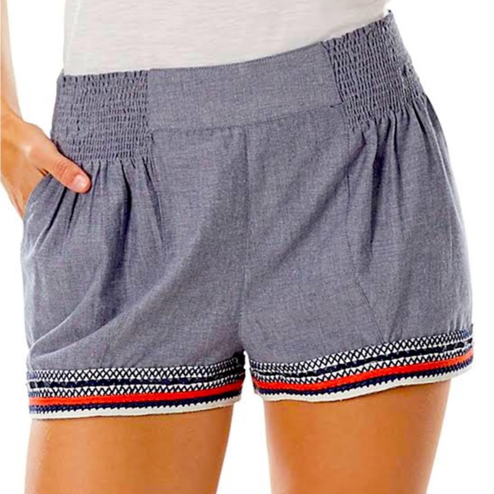 Mudpie‎ Women’s Chambray Denim Shorts Embroidered Size XS Blue Pull On Pockets